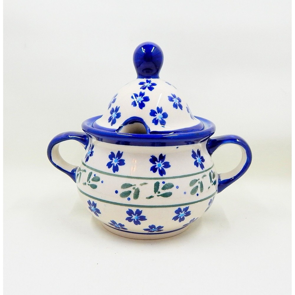 Zaklady Polish Pottery Lidded Sugar Bowl Daisy Field Aqua Floral Ivy Leaves